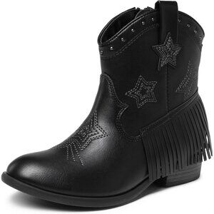 ⚡Girls Black Cowgirl Ankle Western Boots Side Zipper Riding Shoes With Tassel